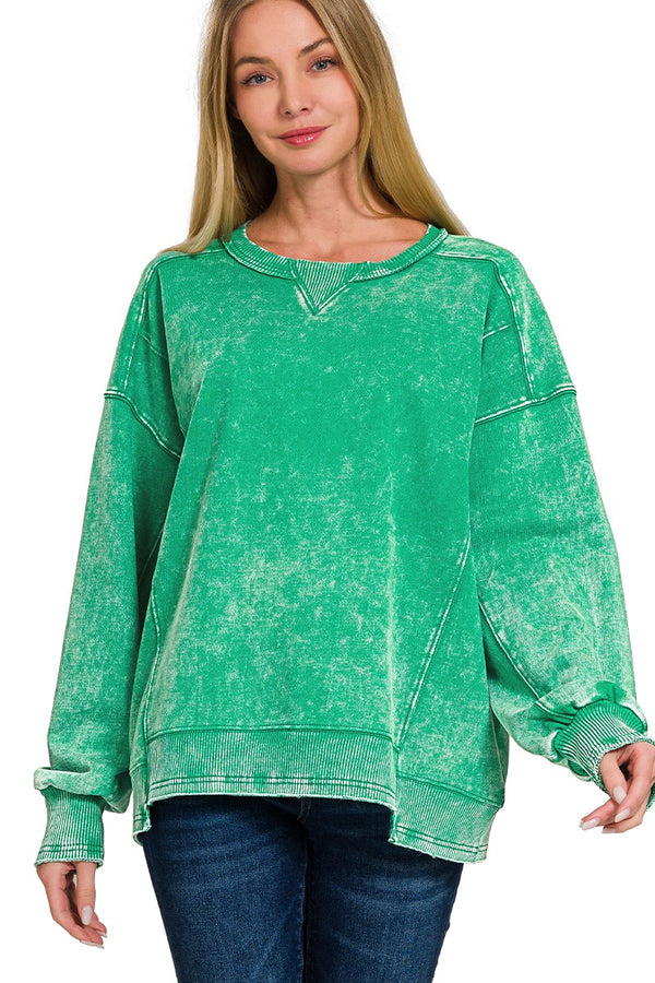 Acid Washed French Terry Pullover Top in Kelly Green Shirts & Tops Zenana   
