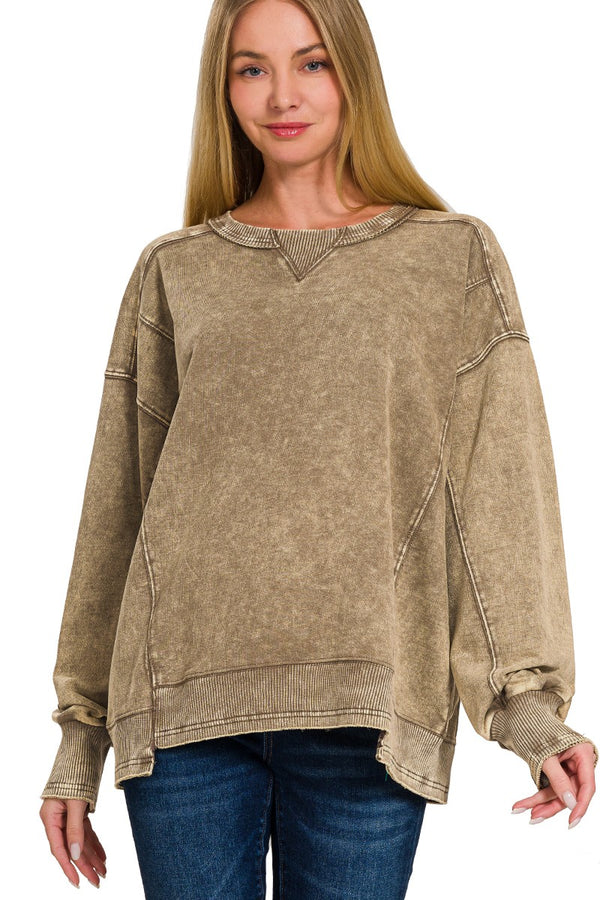 Acid Washed French Terry Pullover Top in Mocha Shirts & Tops Zenana   