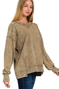 Acid Washed French Terry Pullover Top in Mocha Shirts & Tops Zenana   