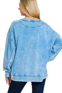 Acid Washed French Terry Pullover Top in Deep Sky Shirts & Tops Zenana   