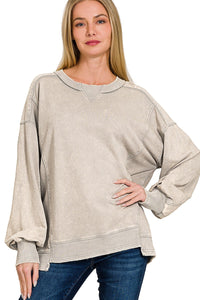 Acid Washed French Terry Pullover Top in Sleet Shirts & Tops Zenana   