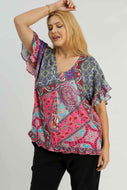 Umgee Mix Print Top with Ruffled Sleeves in Pink Mix