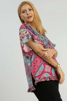 Umgee Mix Print Top with Ruffled Sleeves in Pink Mix