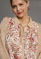 Umgee Sheer Mixed Floral Print Top with Metallic Details in Off White Mix