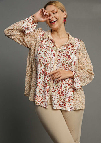 Umgee Sheer Mixed Floral Print Top with Metallic Details in Off White Mix