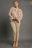 Umgee Sheer Mixed Floral Print Top with Metallic Details in Off White Mix