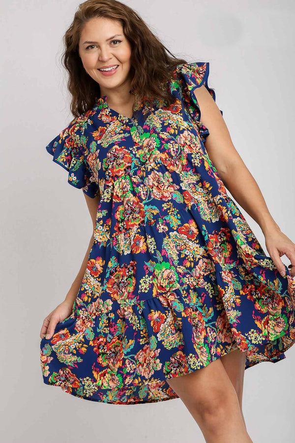 Umgee Tiered A-Line Short Dress with Floral Print in Navy ON ORDER Dress Umgee   