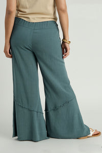 Umgee Linen Blend Wide Leg Pants with Frayed Details in Slate Blue