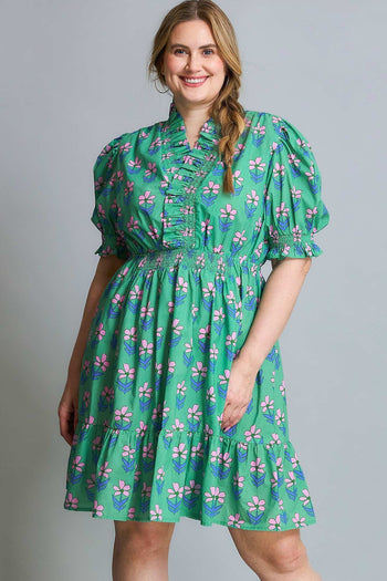 Umgee Floral Print Ruffle Detailed Mini Dress in Green Mix