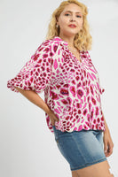Umgee Animal Print V Neck Top in Pink