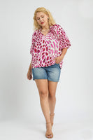 Umgee Animal Print V Neck Top in Pink
