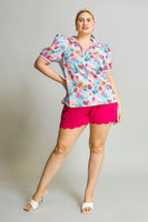Umgee Bright Floral Print Top in Pink/Aqua