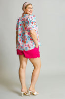 Umgee Bright Floral Print Top in Pink/Aqua