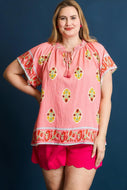Umgee Boho Bloom Top with Contrasting Print Border in Pink