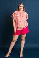 Umgee Boho Bloom Top with Contrasting Print Border in Pink