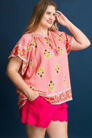 Umgee Boho Bloom Top with Contrasting Print Border in Pink