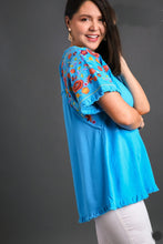 Load image into Gallery viewer, Umgee Embroidery Round Neck Short Sleeve Linen Top in Aqua Top Umgee   

