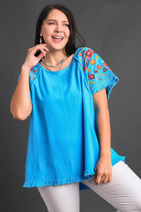 Umgee Embroidery Round Neck Short Sleeve Linen Top in Aqua Top Umgee   