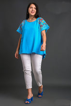 Load image into Gallery viewer, Umgee Embroidery Round Neck Short Sleeve Linen Top in Aqua Top Umgee   
