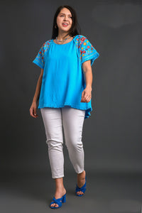Umgee Embroidery Round Neck Short Sleeve Linen Top in Aqua Top Umgee   