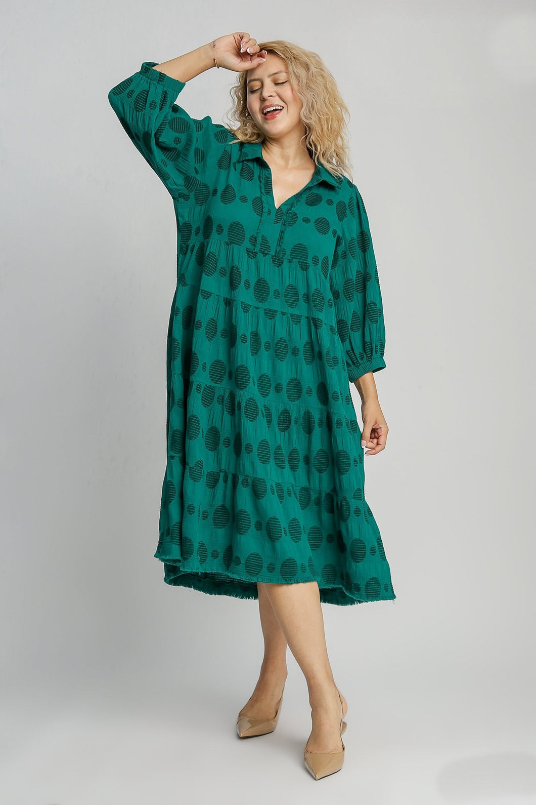 Umgee Solid Dotted Tiered Midi Dress in Peacock