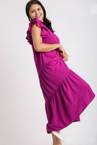 Umgee Split Neck A-Line Tiered Midi Dress in Purple Magenta Dresses Umgee   