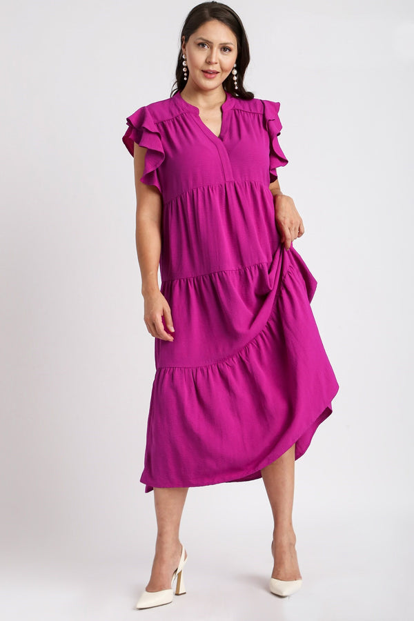 Umgee Split Neck A-Line Tiered Midi Dress in Purple Magenta Dresses Umgee   