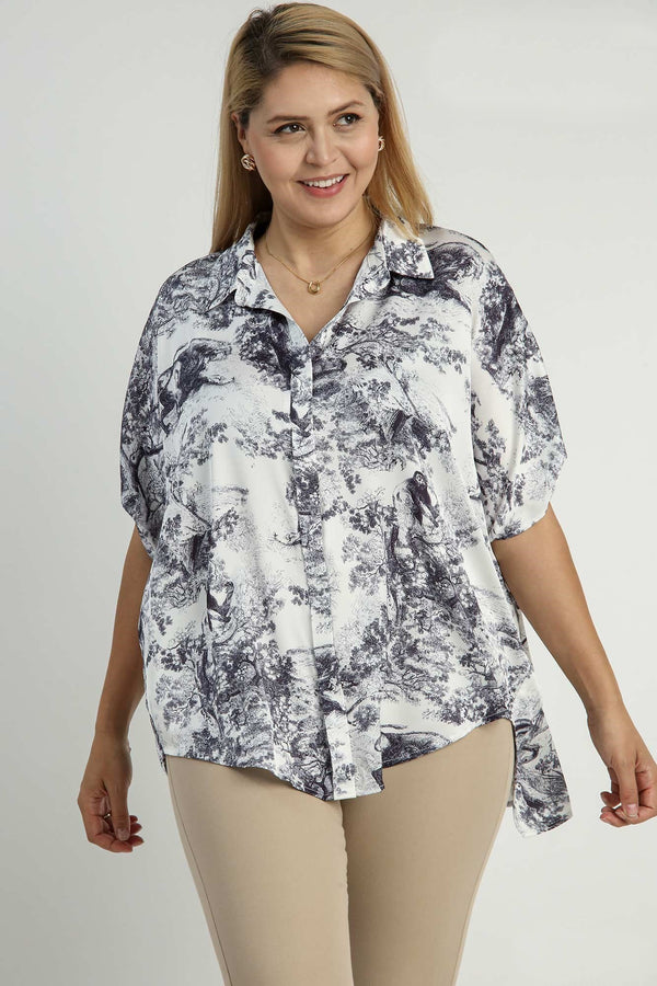 Umgee Two Toned Landscape Print Top in Black Mix Shirts & Tops Umgee   