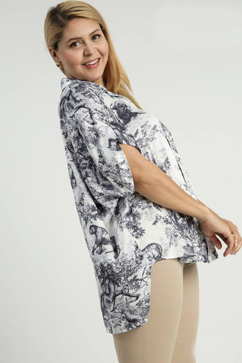 Umgee Two Toned Landscape Print Top in Black Mix Shirts & Tops Umgee   
