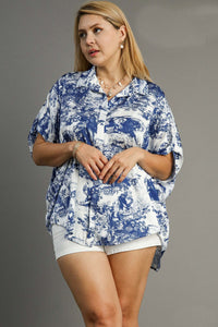 Umgee Two Toned Landscape Print Top in Blue Mix Shirts & Tops Umgee   