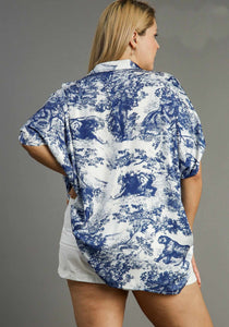 Umgee Two Toned Landscape Print Top in Blue Mix Shirts & Tops Umgee   