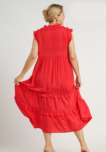 Umgee Solid Color A-Line Midi Dress in Red Coral