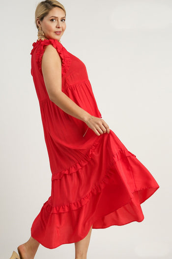 Umgee Solid Color A-Line Midi Dress in Red Coral