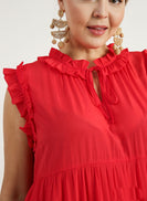 Umgee Solid Color A-Line Midi Dress in Red Coral