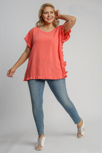Umgee Solid Color Top with Laced Back in Coral Shirts & Tops Umgee   