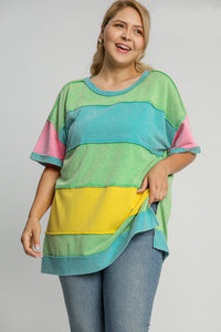 Umgee Color Block Tunic Top in Green Mix