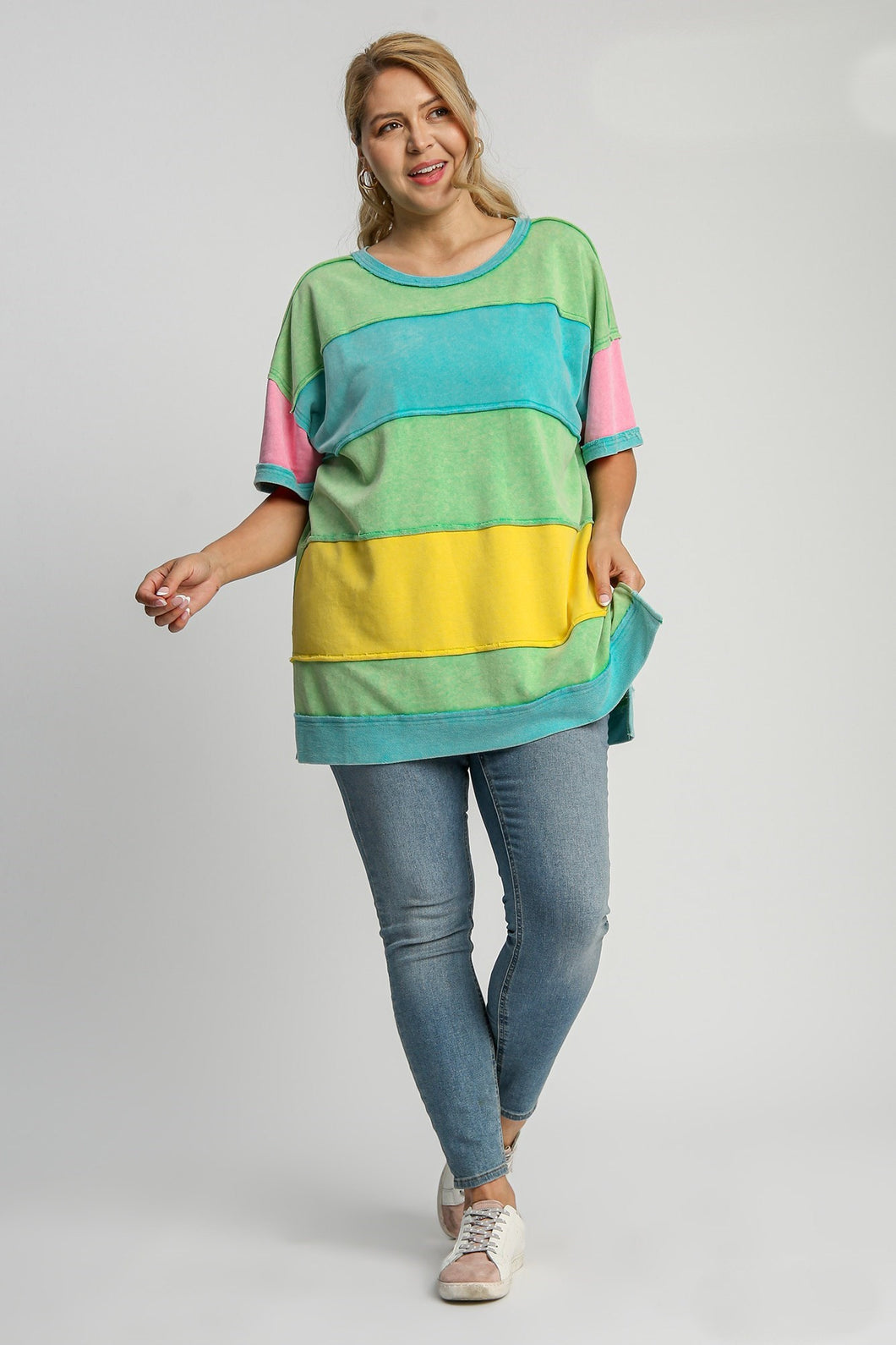 Umgee Color Block Tunic Top in Green Mix