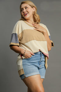 Umgee Color Block Tunic Top in Tan Mix