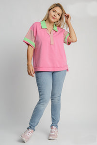 Umgee Mixed Solid & Stripe Contrasting Top in Bubble Pink