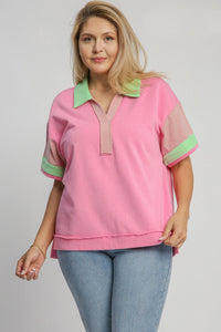 Umgee Mixed Solid & Stripe Contrasting Top in Bubble Pink