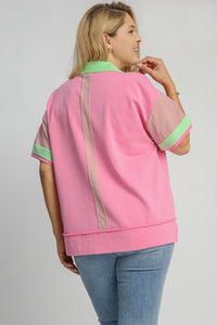 Umgee Mixed Solid & Stripe Contrasting Top in Bubble Pink