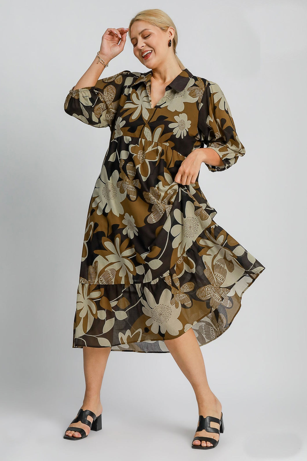 Umgee Floral Print Midi Dress in Camel Mix