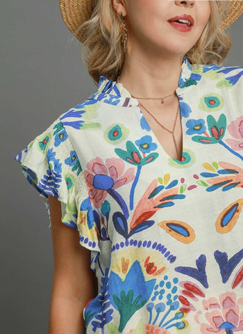 Umgee Baby Doll Floral Print Top in Blue Mix