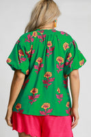 Umgee Bold Colored Floral Print Top in Green Mix