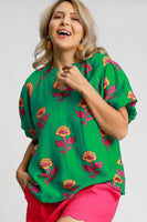 Umgee Bold Colored Floral Print Top in Green Mix