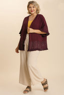 Umgee Open Front Linen Blend Cardigan with Crochet Details in Maroon