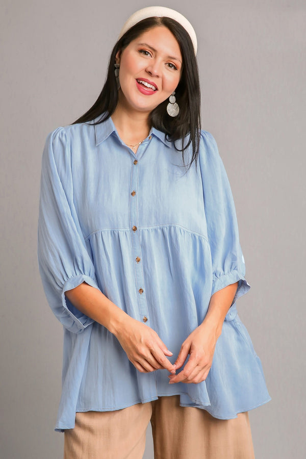 UMGEE Vega Sand Satin 3/4 Sleeve Button Down Top