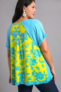 Umgee Linen Blend Back Printed Top in Aqua Shirts & Tops Umgee   