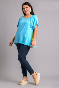 Umgee Linen Blend Back Printed Top in Aqua Shirts & Tops Umgee   