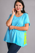 Load image into Gallery viewer, Umgee Linen Blend Back Printed Top in Aqua Shirts &amp; Tops Umgee   
